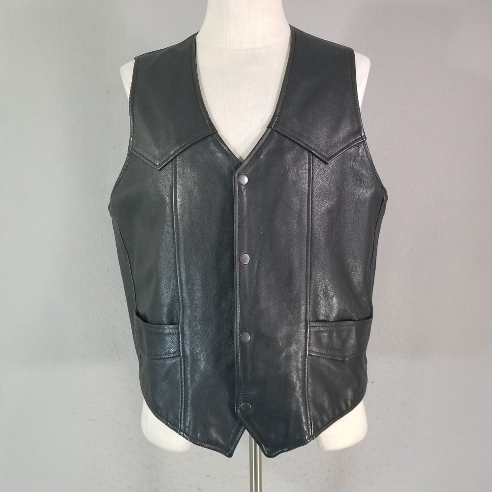 Pro Rider Leather Vest Men Large Black Biker Motorcycle Waistcoat Button Front